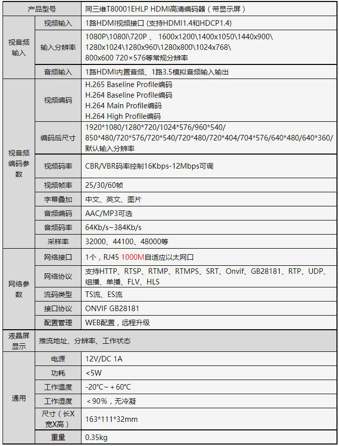 同三維T80001EHLP高清HDMI編碼器（帶顯示屏）