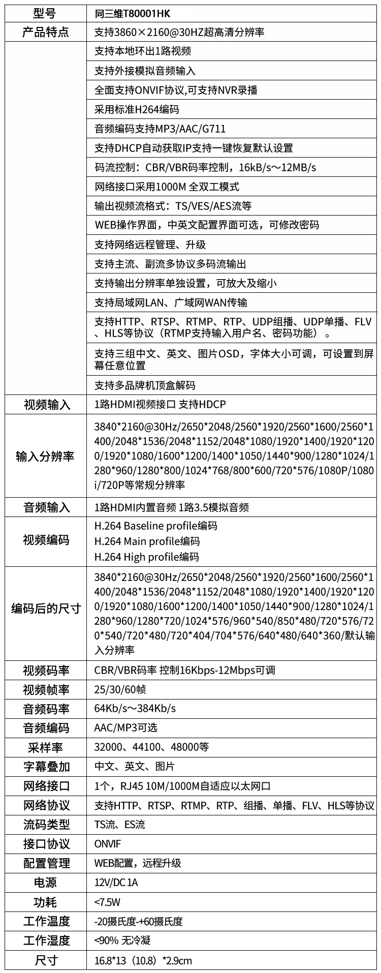 T80001HK超高清4K編碼器HDMI帶環(huán)出和外置音頻H.264編碼產(chǎn)品參數(shù)